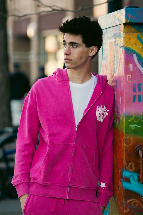 Change You Pink Embroidered Acid Wash Hoodie