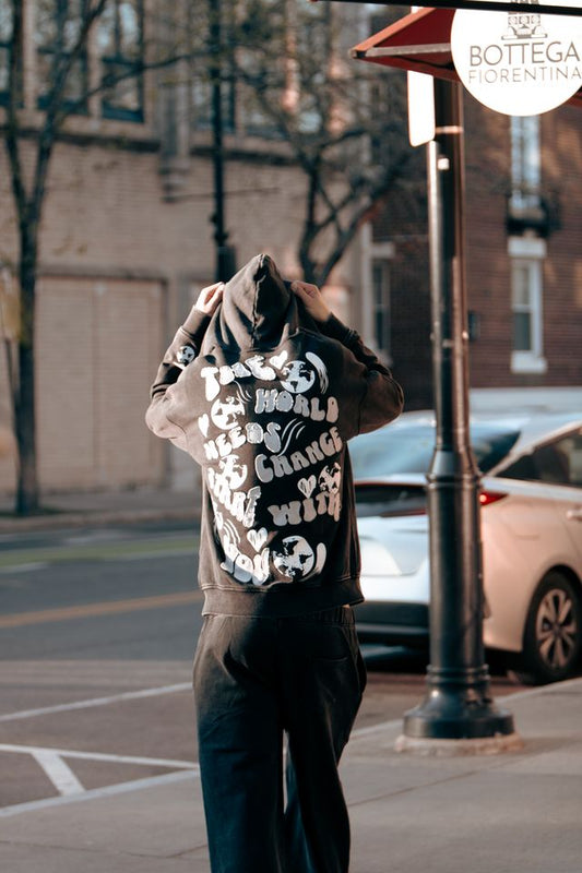 Change You Black Embroidered Acid Wash Hoodie